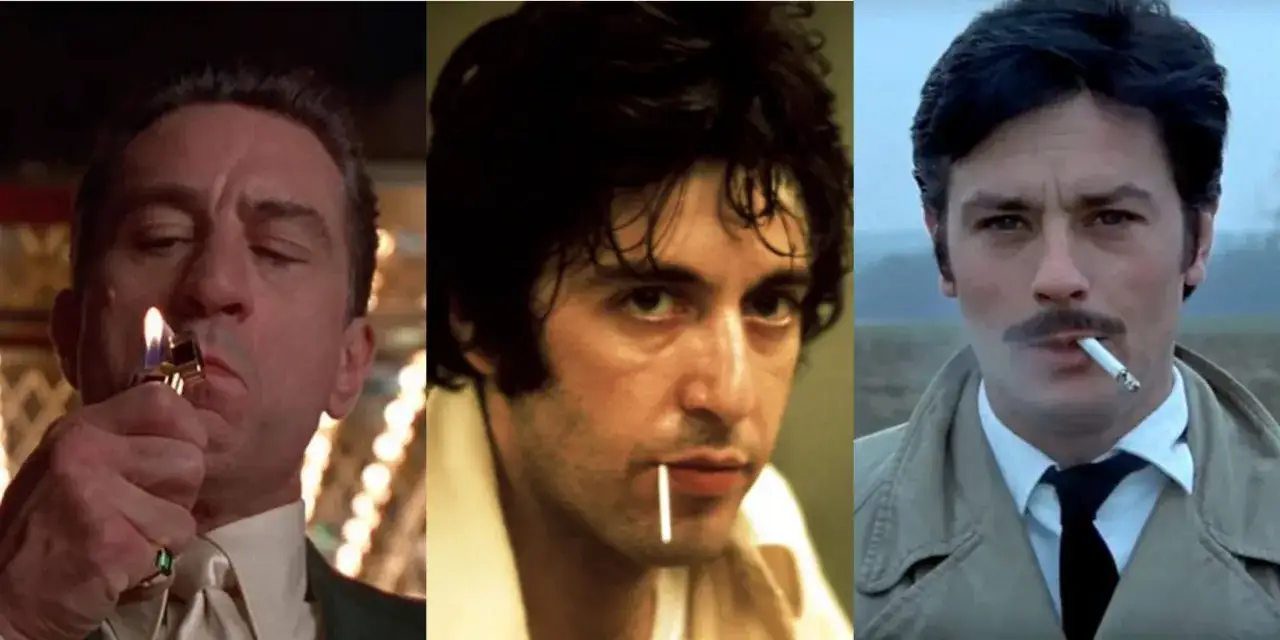 Tre icone del cinema: De Niro, Pacino e Delon, attori americani e francesi noti per i loro ruoli nei film polizieschi.
