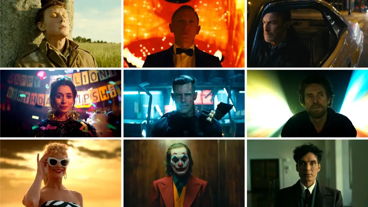 Un collage di volti iconici del cinema: un soldato, James Bond, un uomo in auto, una ragazza a festa, Cable, Willem Dafoe, Barbie, Joker e Cillian Murphy.