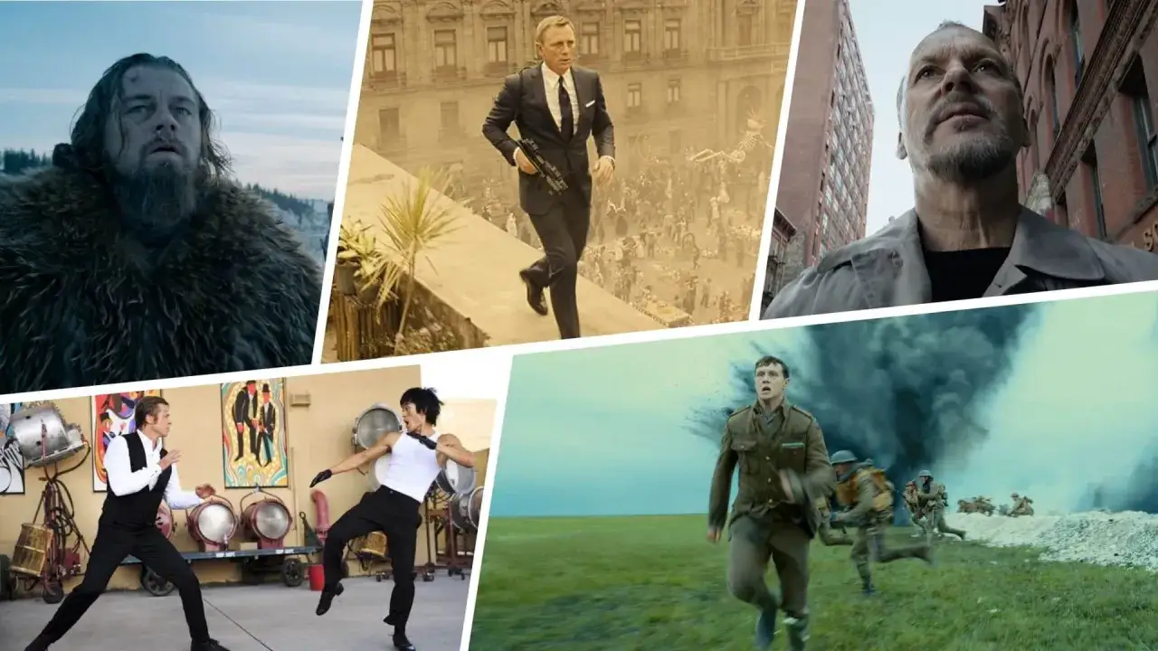 Scene di long take cinema: DiCaprio nella neve, Bond in fuga, Keaton pensieroso, Pitt e Bruce Lee in azione, soldati in guerra.