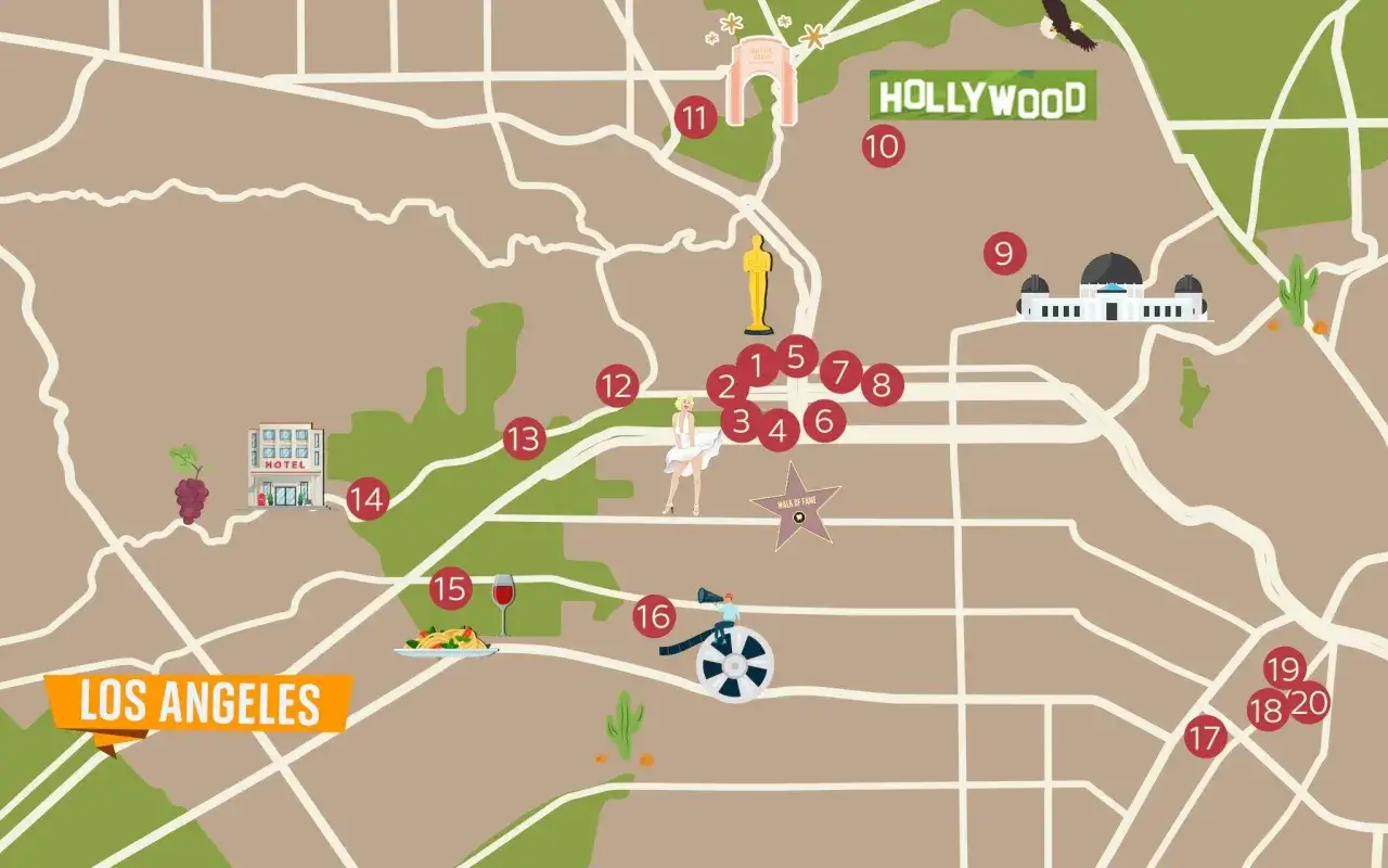 Mappa illustrata di Los Angeles che mostra dove si trova Hollywood, con icone di cinema, hotel e ristoranti.