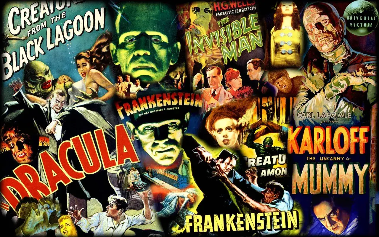 Montaggio di locandine di film horror iconici: Dracula, Frankenstein, La Mummia, L'uomo invisibile, La creatura della laguna nera.