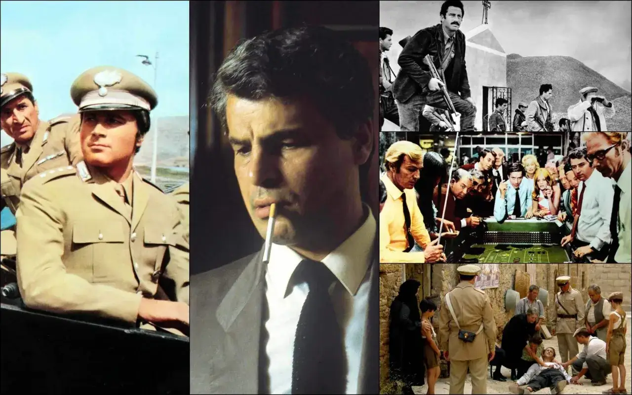 Scene da film criminali: uomini in divisa, un uomo con sigaretta, una partita a carte e una scena drammatica.