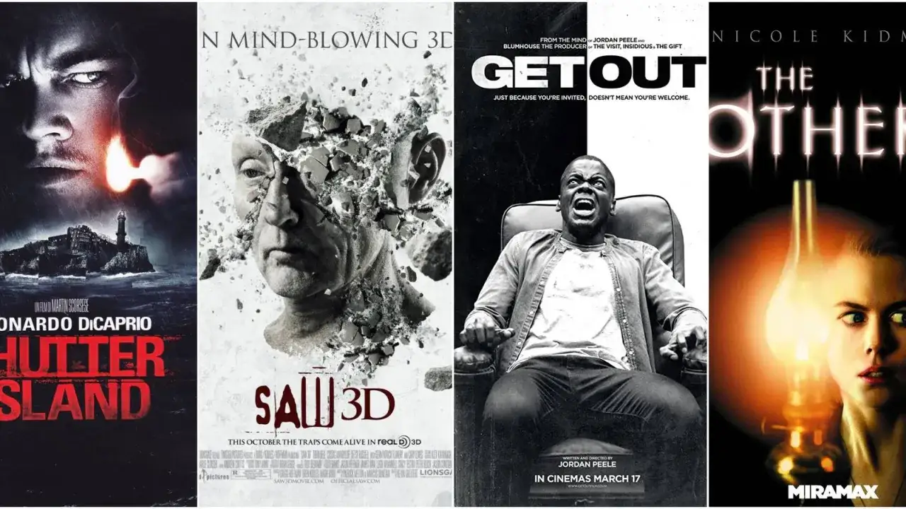 Locandine di film thriller: Shutter Island, Saw 3D, Get Out e The Others. Un vero colpo di scena visivo.