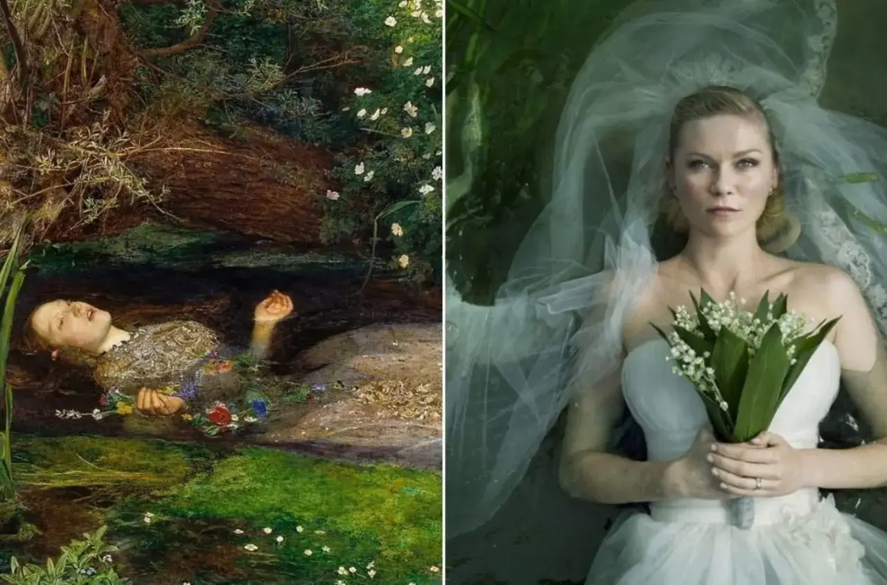 Un dipinto preraffaellita e una foto moderna di una sposa in acqua, che ricordano i migliori cortometraggi drammatici.