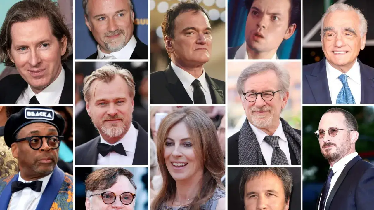 Collage di registi importanti: Wes Anderson, David Fincher, Quentin Tarantino, Christopher Nolan, Martin Scorsese, Spike Lee, Kathryn Bigelow, Steven Spielberg, Denis Villeneuve.
