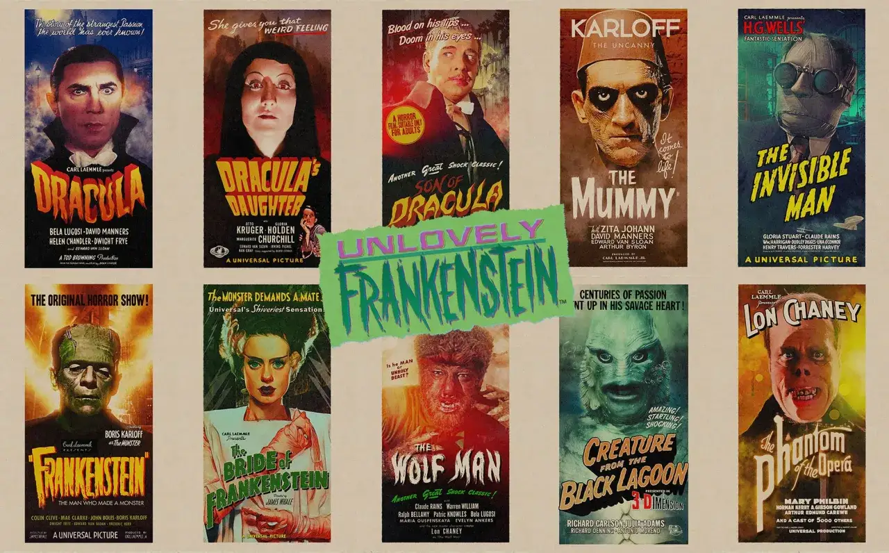 Un collage di locandine di film sui mostri classici: Dracula, Frankenstein, La Mummia, L'uomo invisibile, L'uomo lupo, La creatura della laguna nera, Il fantasma dell'opera.