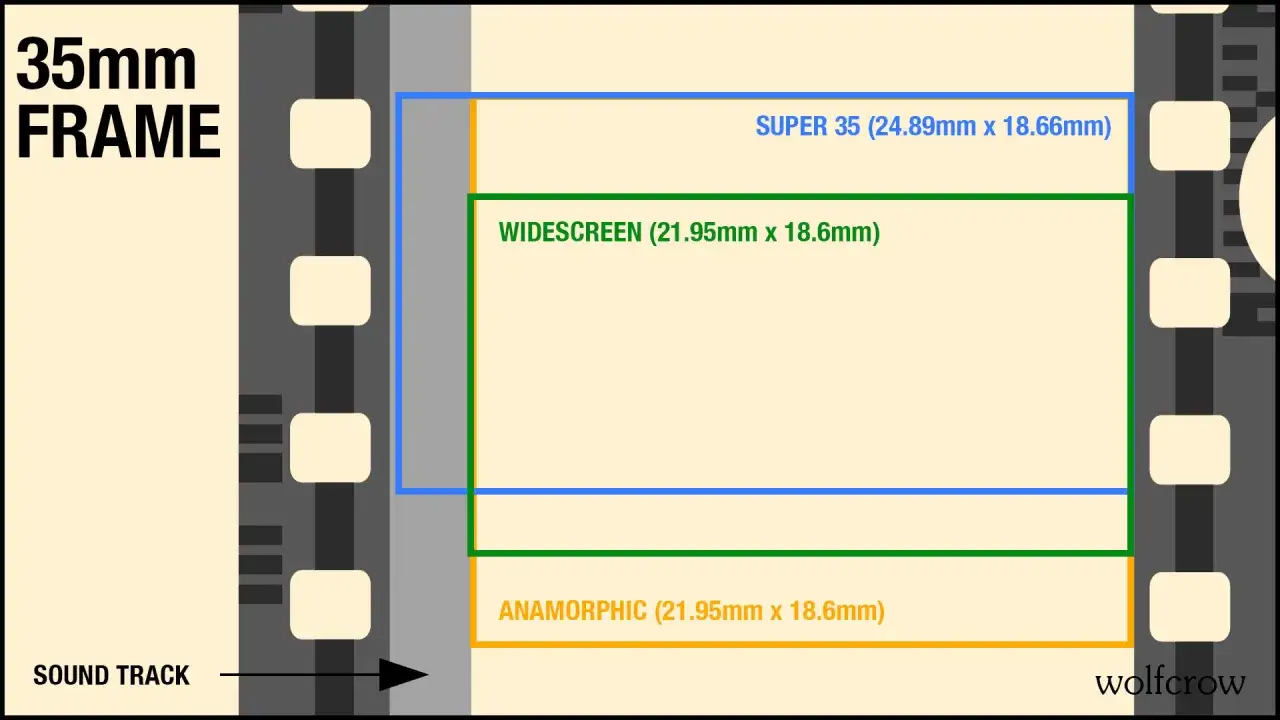 Schema dei formati pellicola cinematografica 35mm: Super 35, Widescreen e Anamorphic, con indicazione della colonna sonora.