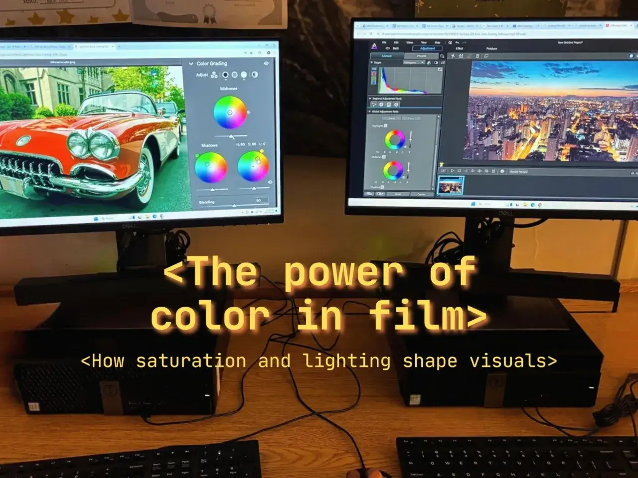 Schermo con software di color grading, un'auto d'epoca rossa e un paesaggio urbano al tramonto. I colori saturi trasformano le immagini.