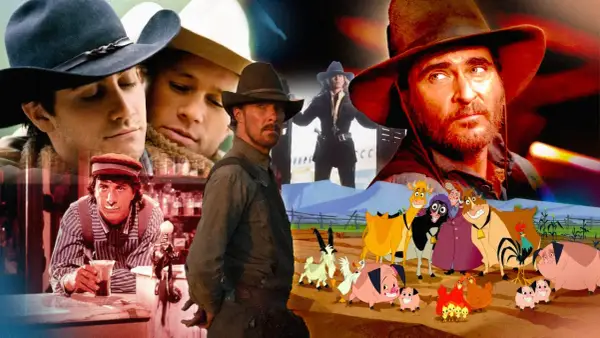 Collage di scene da film western, con personaggi famosi e animali animati, per celebrare i migliori film western.