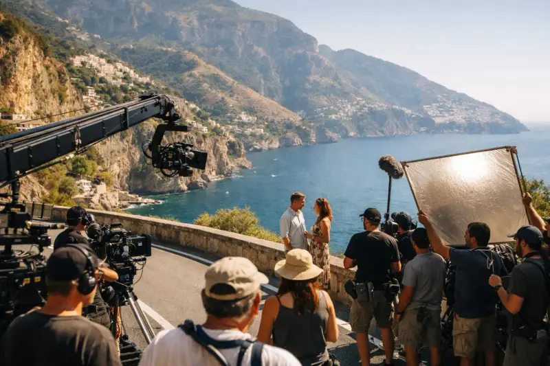 Una troupe cinematografica cattura una scena romantica con una coppia, tra montagne e mare, un'immagine che evoca la magia della hollywood industria cinematografica.