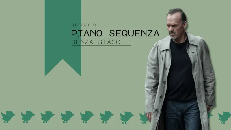 Un uomo con un trench osserva pensieroso, mentre il testo "PIANO SEQUENZA SENZA STACCHI" evoca l'arte del **long take cinema**.