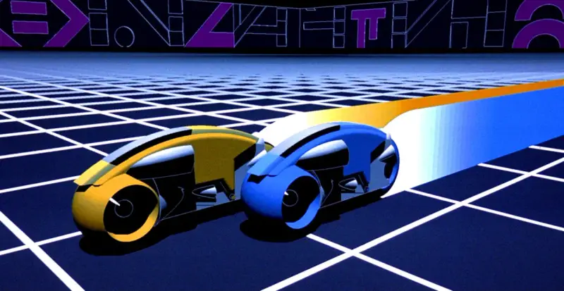 Due moto da corsa digitali, una gialla e una blu, sfrecciano su una griglia luminosa, un classico esempio di effetti speciali cinematografici.
