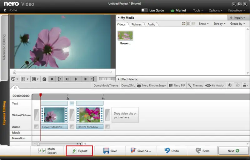 Interfaccia di Nero Video, con il pulsante "Export" evidenziato, per mostrare come tagliare un video.