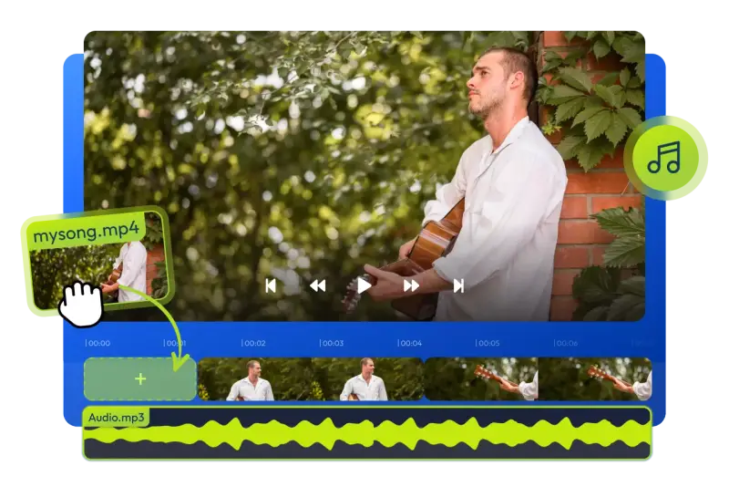 Interfaccia per creare video con musica gratis. Un uomo suona la chitarra, la timeline mostra clip video e audio.