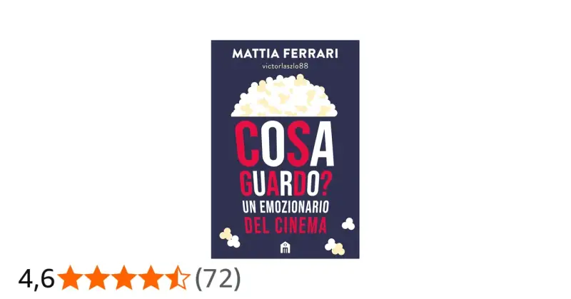 Copertina del libro "Cosa guardo? Un emozionario del cinema" di Mattia Ferrari, con pop-corn e un'icona a forma di cinema. Perfetto per gli amanti del formato cinema.